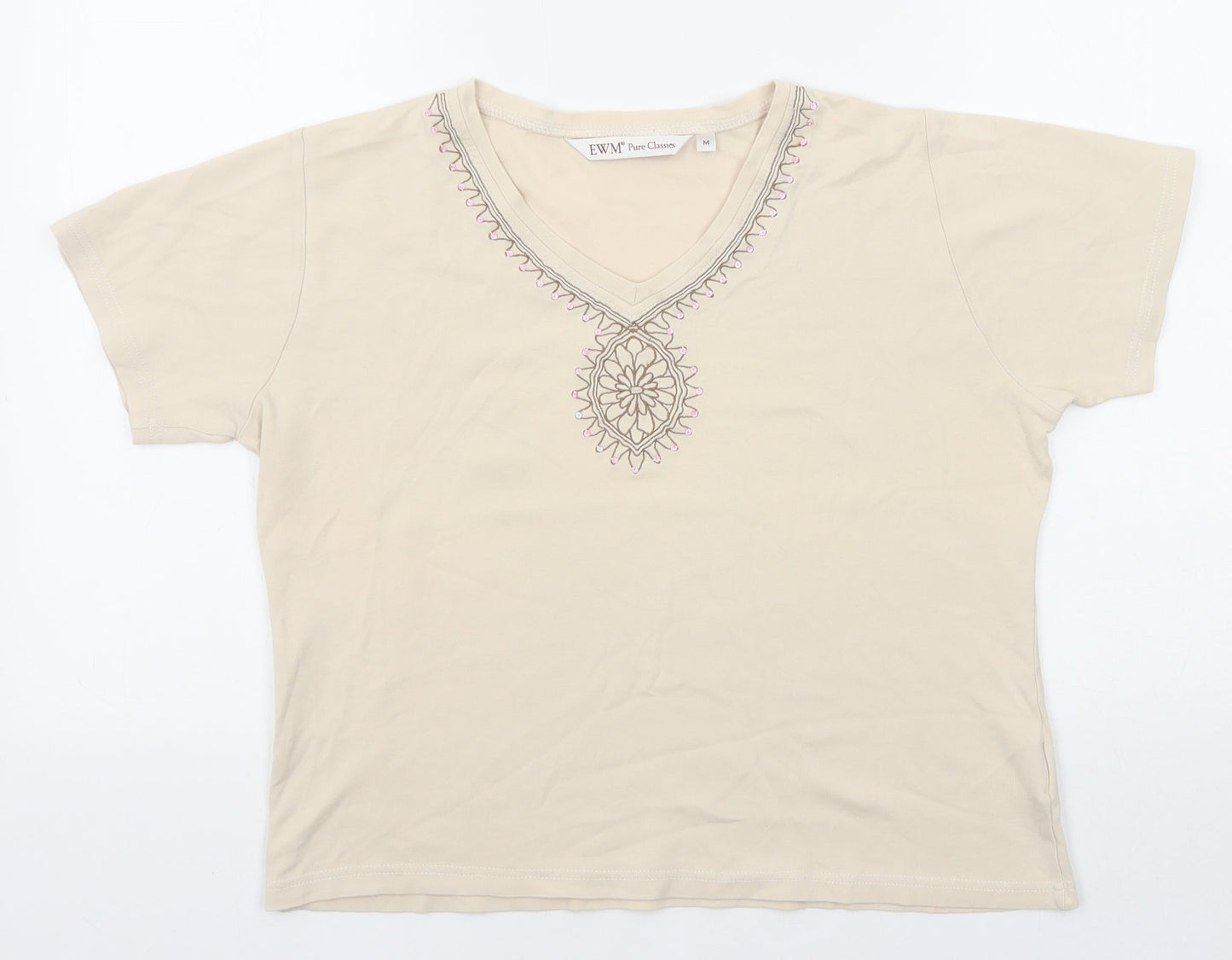 EWM Womens Beige Polyester Basic T-Shirt Size M V-Neck