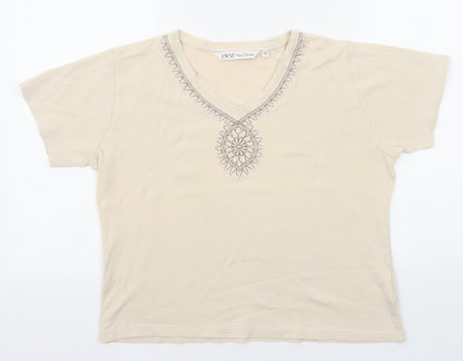 EWM Womens Beige Polyester Basic T-Shirt Size M V-Neck