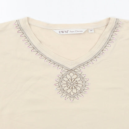 EWM Womens Beige Polyester Basic T-Shirt Size M V-Neck