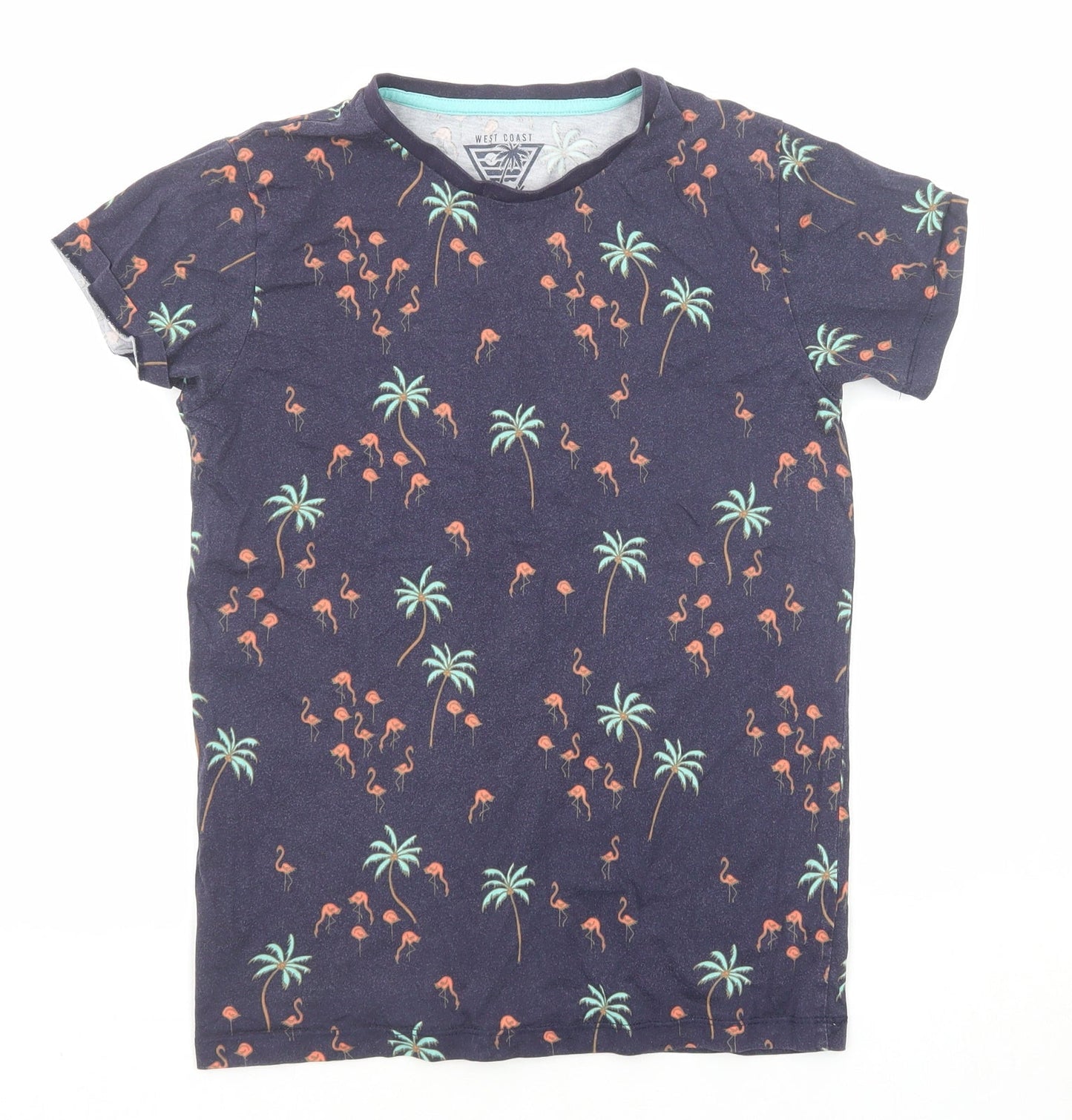 West Coast Boys Blue Geometric Cotton Basic T-Shirt Size 13 Years Round Neck Pullover - Palm Tree