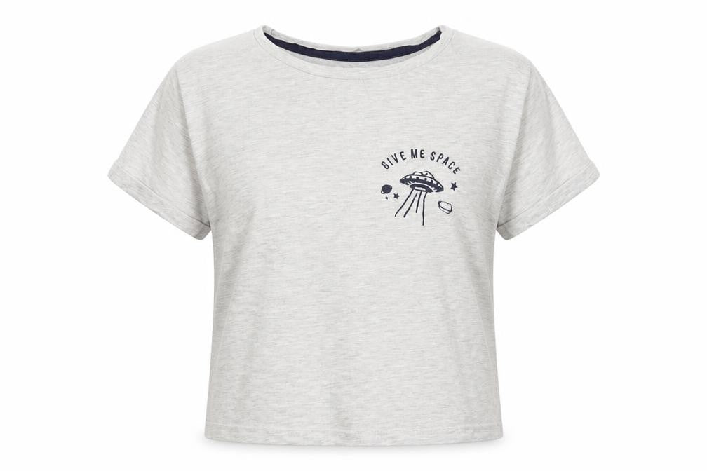 Front view of New Look girls’ grey cotton basic t-shirt, size M, round neck pullover - give me space
