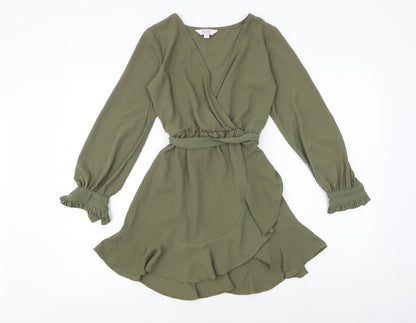 Miss Selfridge Womens Green Polyester Fit & Flare Size 4 V-Neck Tie - Wrap Style