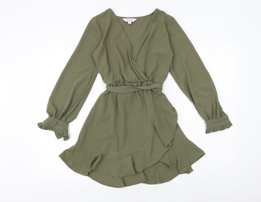 Miss Selfridge Womens Green Polyester Fit & Flare Size 4 V-Neck Tie - Wrap Style