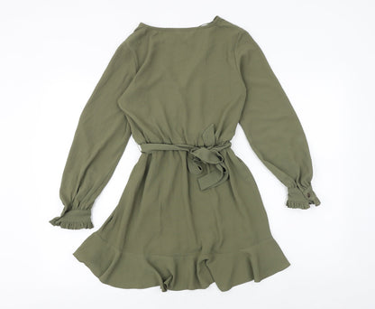 Miss Selfridge Womens Green Polyester Fit & Flare Size 4 V-Neck Tie - Wrap Style