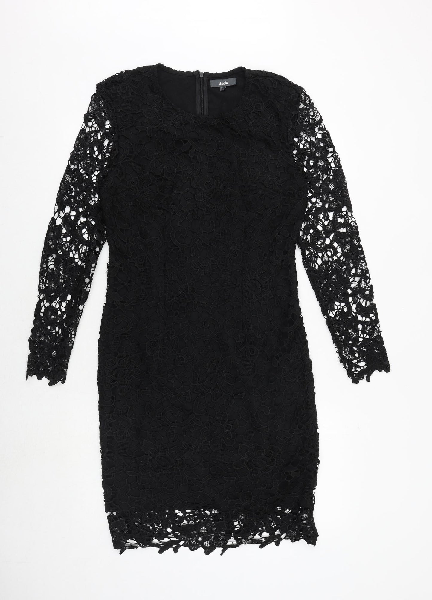 Studio Womens Black Polyester Bodycon Size 12 Round Neck Zip - Crocheted Lace Overlay