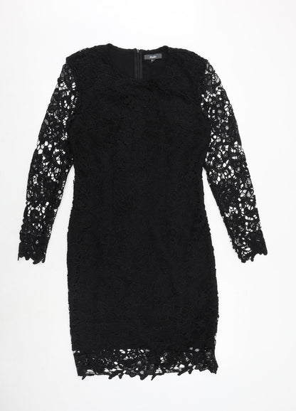 Studio Womens Black Polyester Bodycon Size 12 Round Neck Zip - Crocheted Lace Overlay