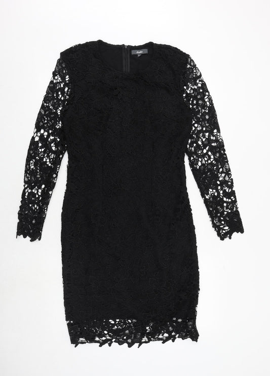 Studio Womens Black Polyester Bodycon Size 12 Round Neck Zip - Crocheted Lace Overlay