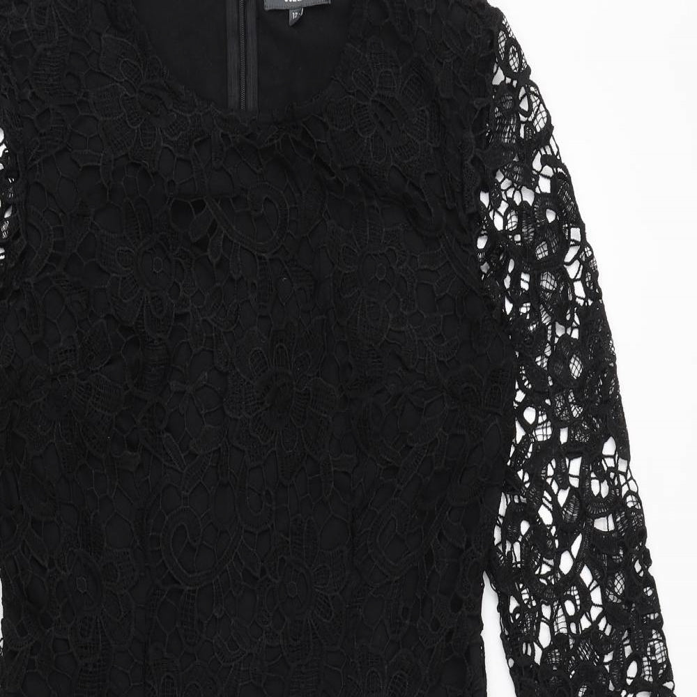 Studio Womens Black Polyester Bodycon Size 12 Round Neck Zip - Crocheted Lace Overlay