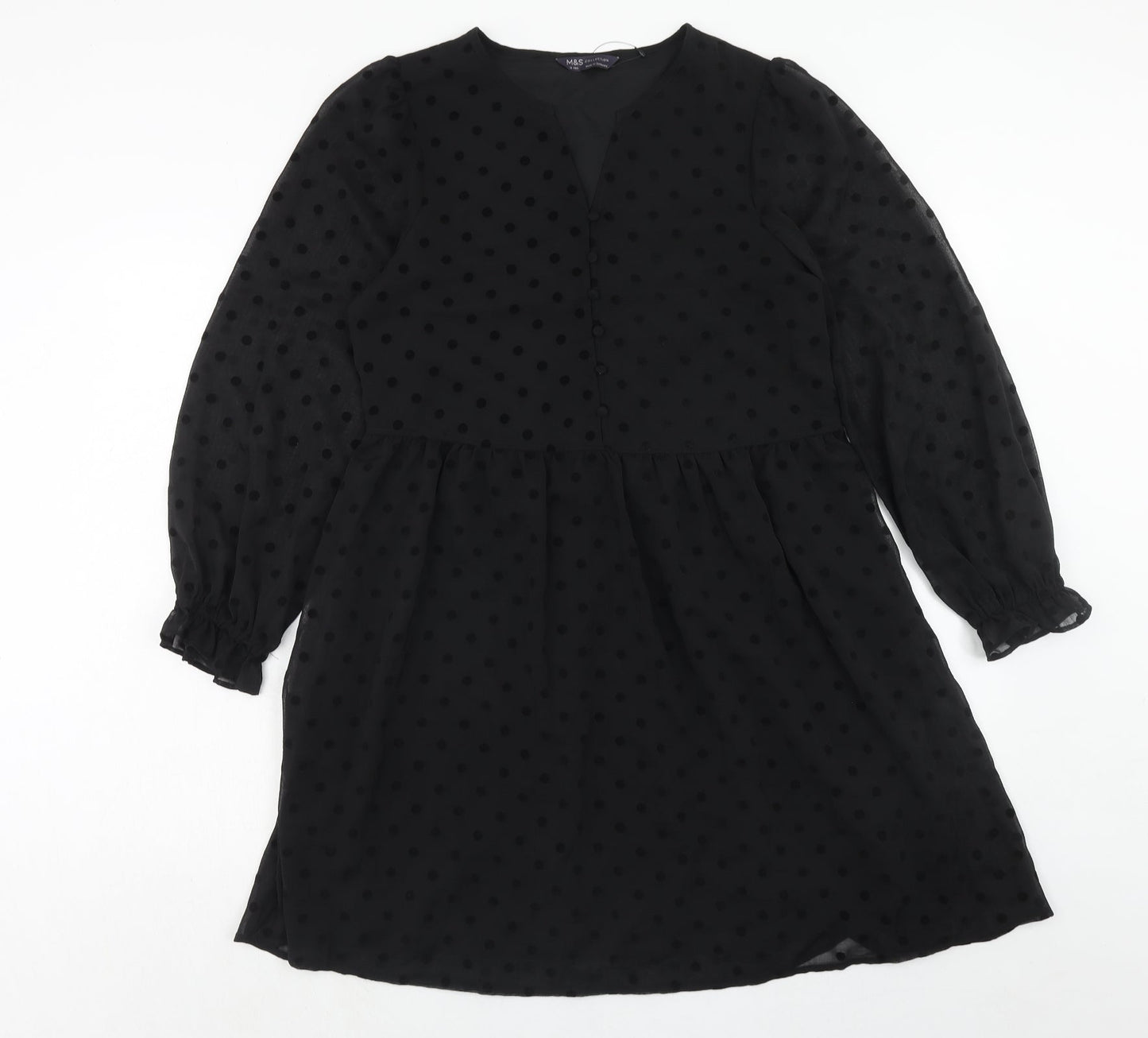 Marks and Spencer Womens Black Polka Dot Polyester Trapeze & Swing Size 10 V-Neck Button