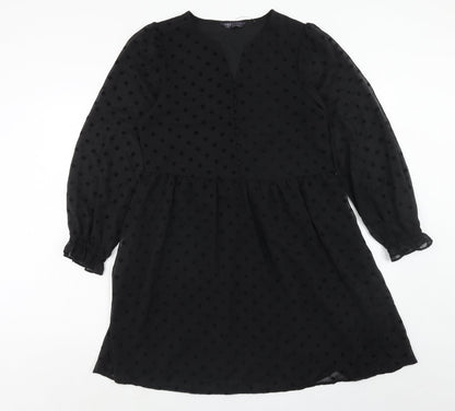 Marks and Spencer Womens Black Polka Dot Polyester Trapeze & Swing Size 10 V-Neck Button