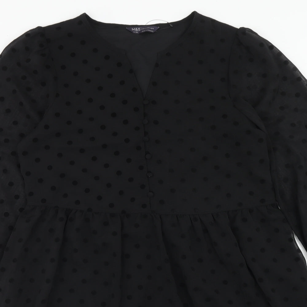 Marks and Spencer Womens Black Polka Dot Polyester Trapeze & Swing Size 10 V-Neck Button