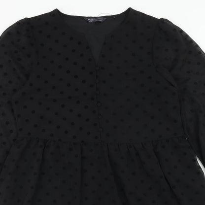 Marks and Spencer Womens Black Polka Dot Polyester Trapeze & Swing Size 10 V-Neck Button