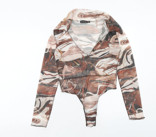 PRETTYLITTLETHING Womens Brown Geometric Polyester Bodysuit One-Piece Size 16 Snap