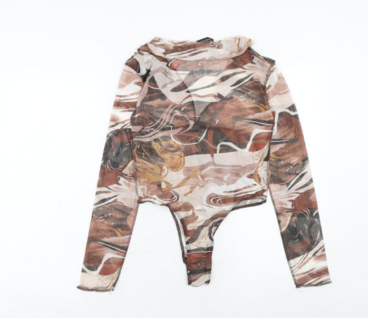 PRETTYLITTLETHING Womens Brown Geometric Polyester Bodysuit One-Piece Size 16 Snap