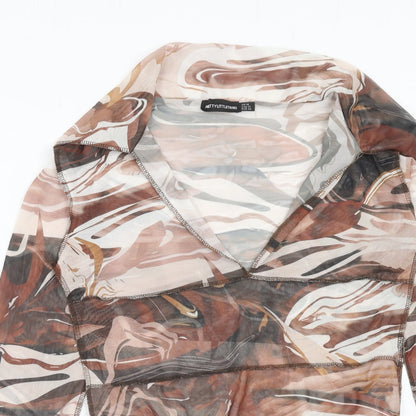 PRETTYLITTLETHING Womens Brown Geometric Polyester Bodysuit One-Piece Size 16 Snap