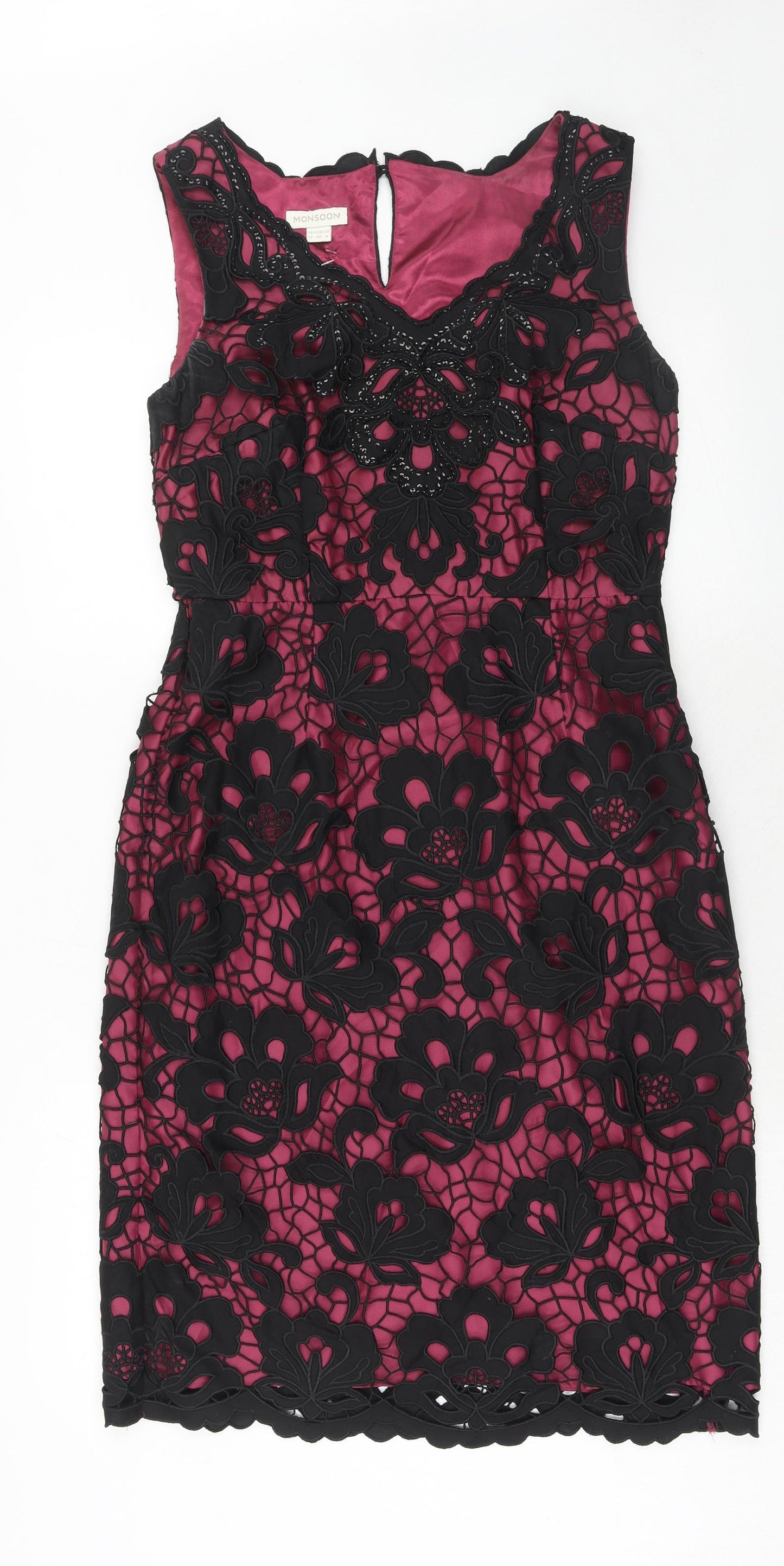 Monsoon Womens Purple Floral Cotton Shift Size 12 V-Neck Zip - Crocheted Lace Overlay