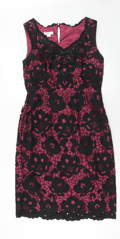 Monsoon Womens Purple Floral Cotton Shift Size 12 V-Neck Zip - Crocheted Lace Overlay