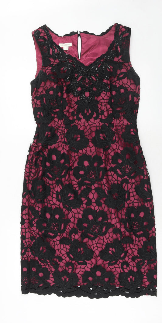 Monsoon Womens Purple Floral Cotton Shift Size 12 V-Neck Zip - Crocheted Lace Overlay