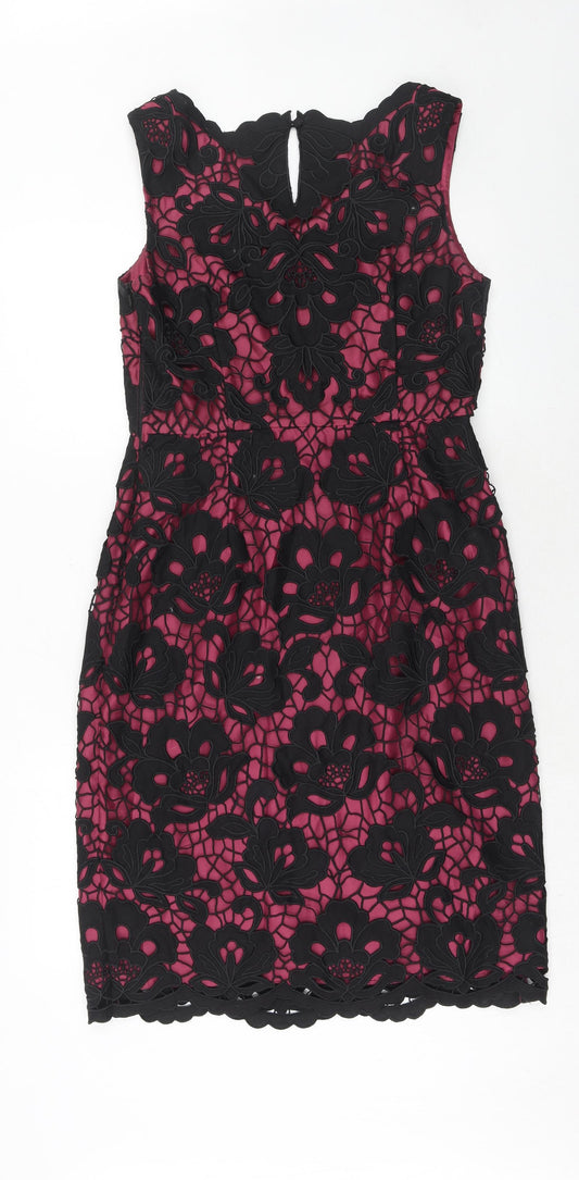 Monsoon Womens Purple Floral Cotton Shift Size 12 V-Neck Zip - Crocheted Lace Overlay