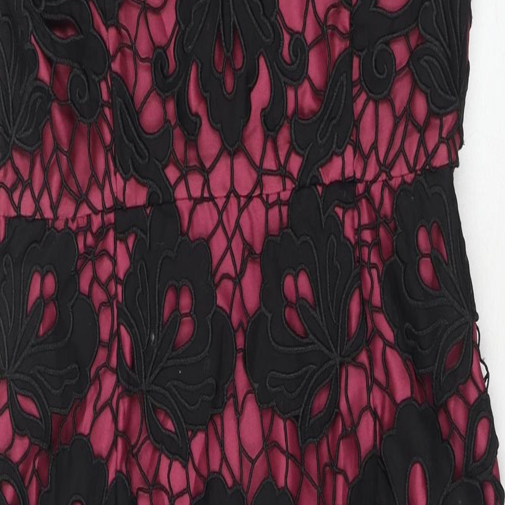 Monsoon Womens Purple Floral Cotton Shift Size 12 V-Neck Zip - Crocheted Lace Overlay