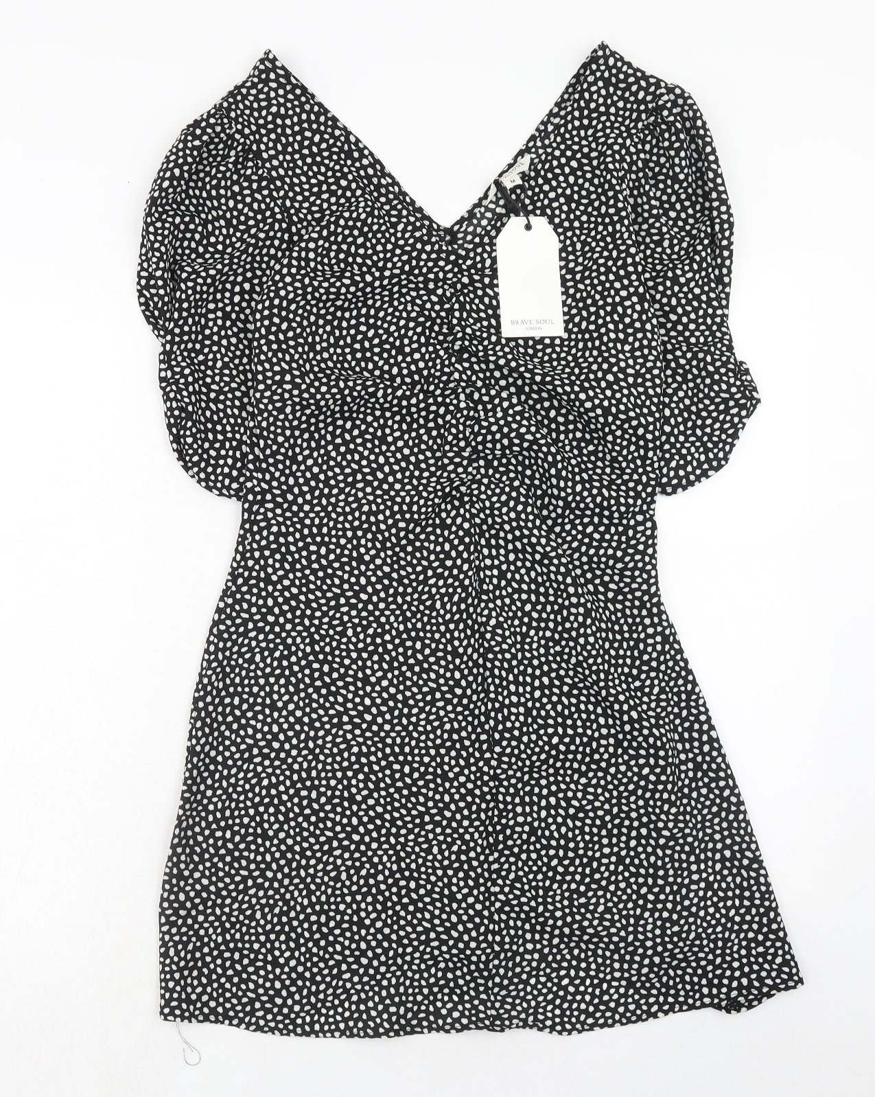 Brave Soul Womens Black Geometric Polyester A-Line Size M V-Neck Zip
