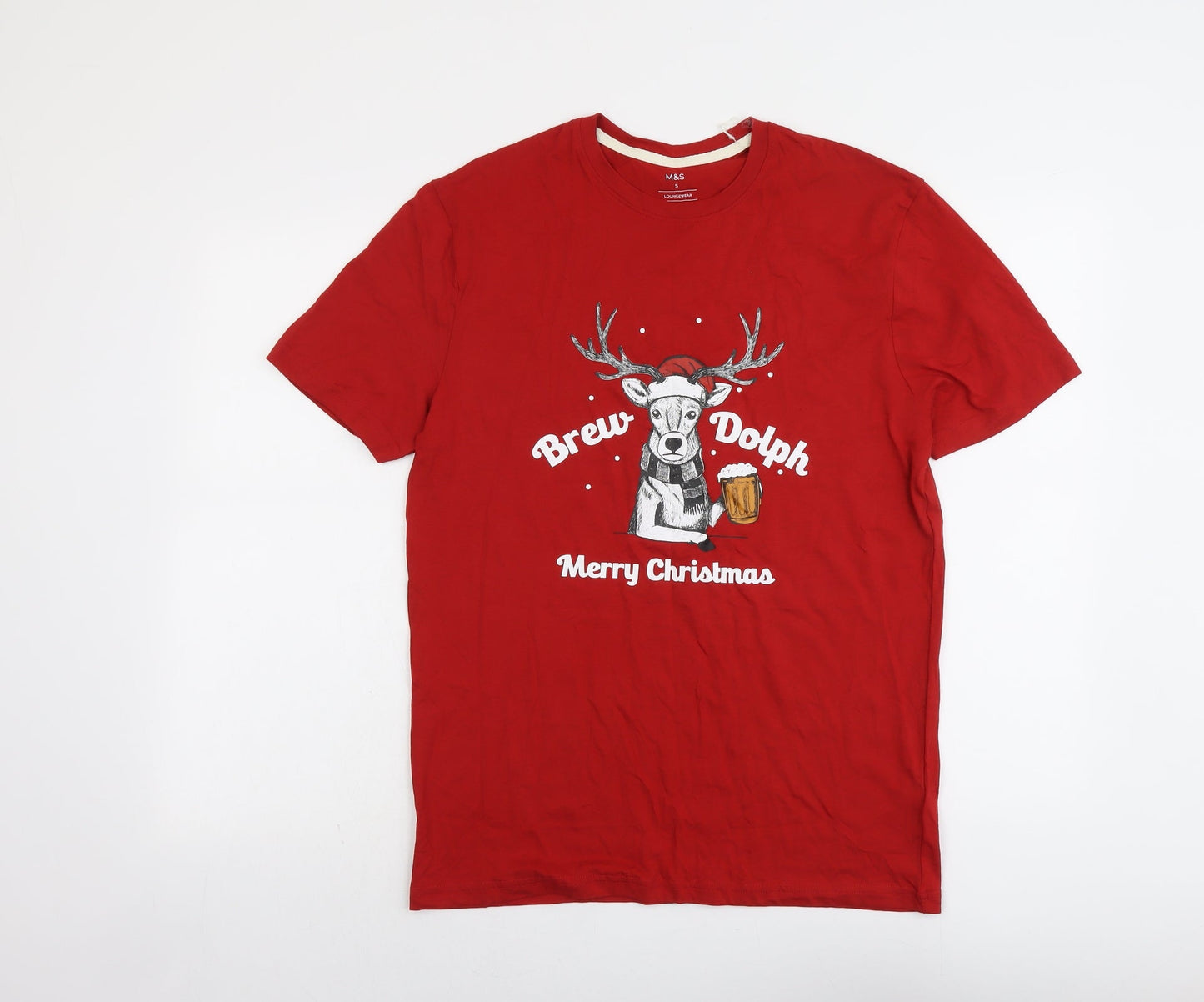 Marks and Spencer Mens Red Cotton T-Shirt Size S Round Neck - Merry Christmas Brew-Dolph Reindeer