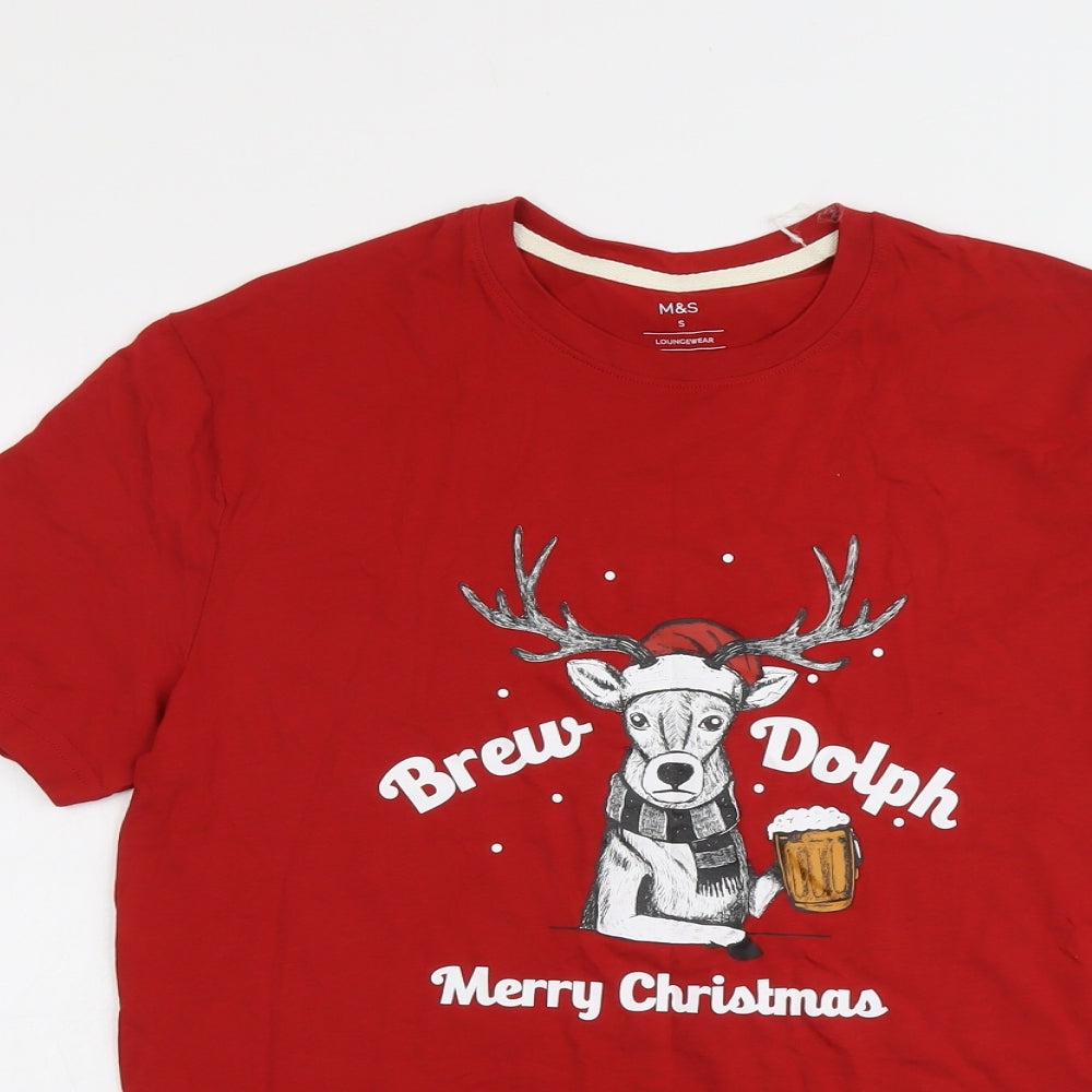 Marks and Spencer Mens Red Cotton T-Shirt Size S Round Neck - Merry Christmas Brew-Dolph Reindeer
