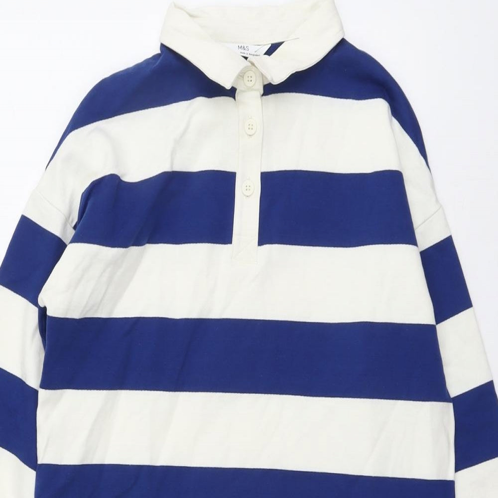 Marks and Spencer Girls Blue Striped Cotton Pullover Sweatshirt Size 9-10 Years Button