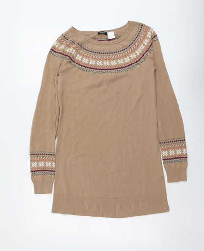 La Redoute Womens Beige Fair Isle Cotton Jumper Dress Size 8 Round Neck Pullover