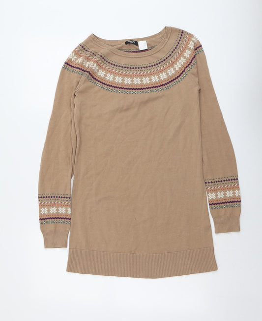 La Redoute Womens Beige Fair Isle Cotton Jumper Dress Size 8 Round Neck Pullover