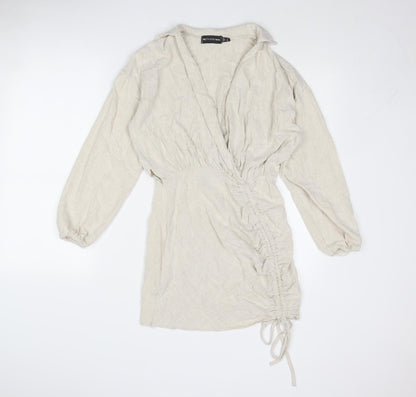 PRETTYLITTLETHING Womens Beige Linen A-Line Size 8 Collared Zip