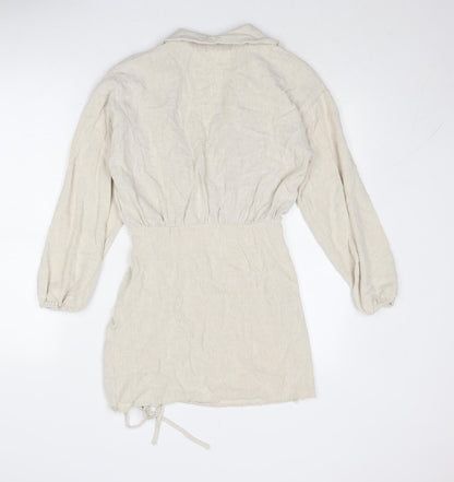 PRETTYLITTLETHING Womens Beige Linen A-Line Size 8 Collared Zip