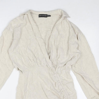 PRETTYLITTLETHING Womens Beige Linen A-Line Size 8 Collared Zip
