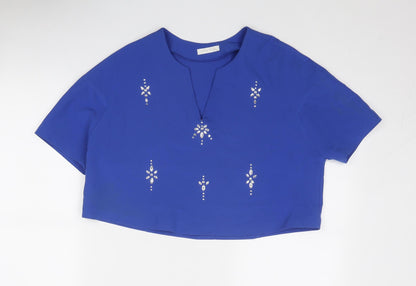 Moda Orange Womens Blue Polyester Cropped Blouse Size 14 V-Neck - Embellished