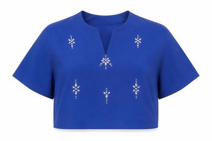 Moda Orange Womens Blue Polyester Cropped Blouse Size 14 V-Neck - Embellished