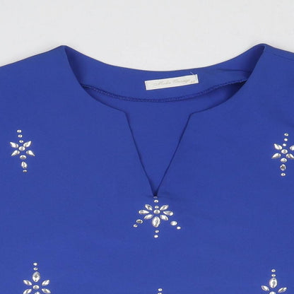 Moda Orange Womens Blue Polyester Cropped Blouse Size 14 V-Neck - Embellished