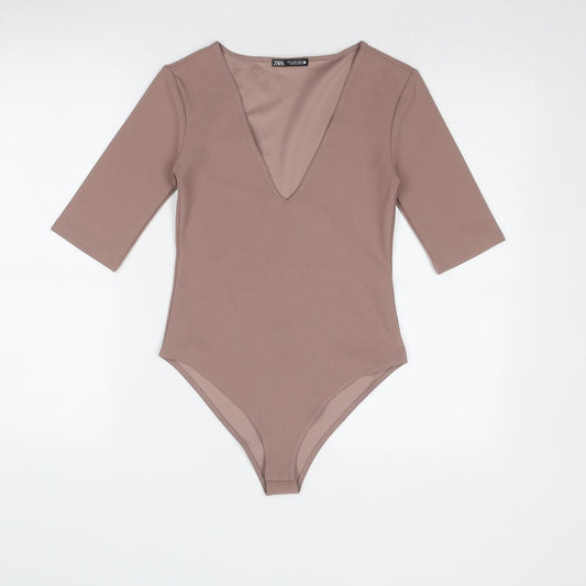 Zara Womens Brown Polyester Bodysuit One-Piece Size S Snap