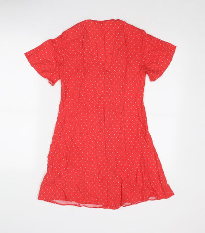 Miss Selfridge Womens Red Polka Dot Viscose A-Line Size 6 V-Neck Button
