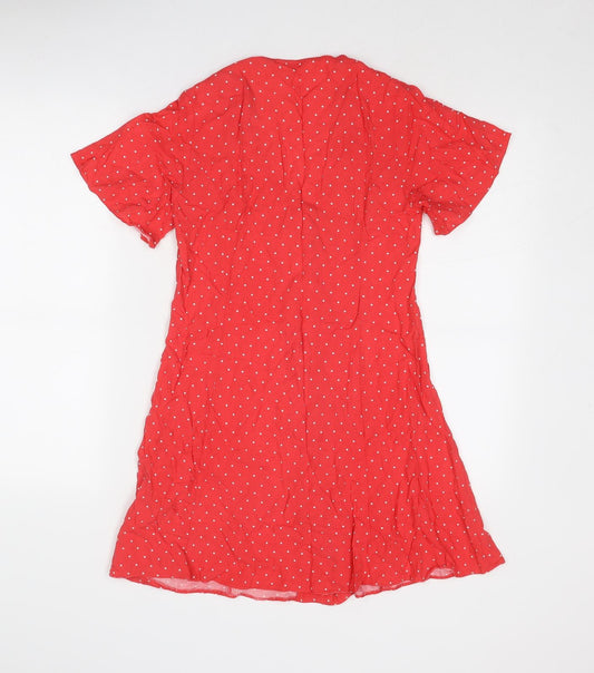 Miss Selfridge Womens Red Polka Dot Viscose A-Line Size 6 V-Neck Button