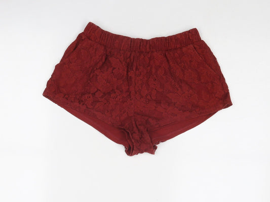 FOREVER 21 Womens Red Floral Cotton Hot Pants Shorts Size XS Regular Pull On - Lace Overlay