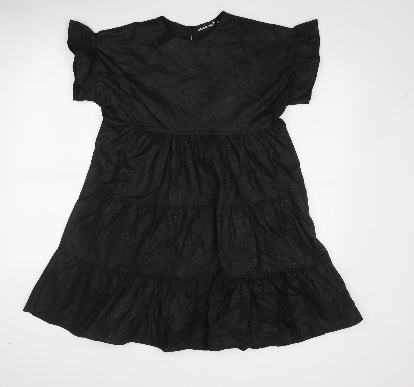 PRETTYLITTLETHING Womens Black Cotton A-Line Size 8 Boat Neck Button - Tiered