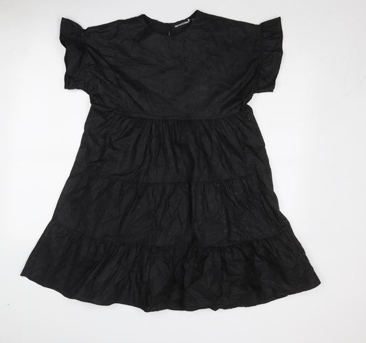 PRETTYLITTLETHING Womens Black Cotton A-Line Size 8 Boat Neck Button - Tiered