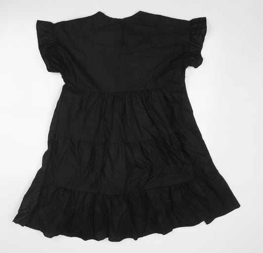 PRETTYLITTLETHING Womens Black Cotton A-Line Size 8 Boat Neck Button - Tiered