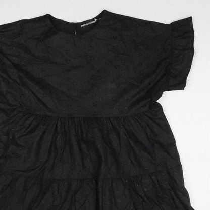 PRETTYLITTLETHING Womens Black Cotton A-Line Size 8 Boat Neck Button - Tiered