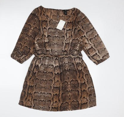 H&M Womens Brown Animal Print Polyester Fit & Flare Size 14 Boat Neck Button - Snake Print