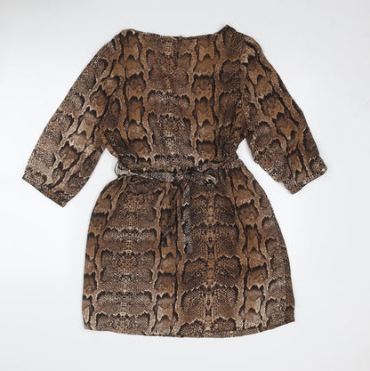 H&M Womens Brown Animal Print Polyester Fit & Flare Size 14 Boat Neck Button - Snake Print