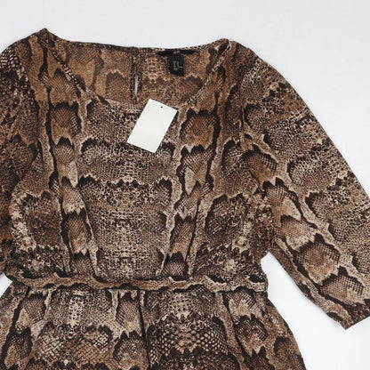 H&M Womens Brown Animal Print Polyester Fit & Flare Size 14 Boat Neck Button - Snake Print