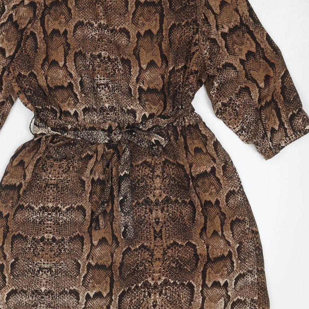 H&M Womens Brown Animal Print Polyester Fit & Flare Size 14 Boat Neck Button - Snake Print