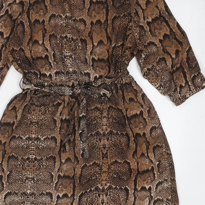 H&M Womens Brown Animal Print Polyester Fit & Flare Size 14 Boat Neck Button - Snake Print