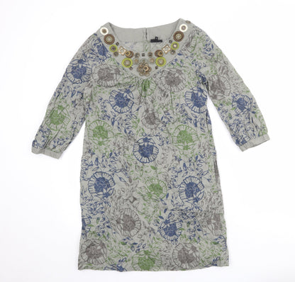 NEXT Womens Multicoloured Geometric 100% Cotton A-Line Size 10 Boat Neck Button - Embellished Neckline